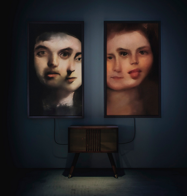 Mario Klingemann B. 1970 MEMORIES OF PASSERSBY I multiple GANs, two 4k screens, custom handmade chestnut wood console, which hosts AI brain and additional hardware wood console: 70 by 70 by 40 cm. 27 1/2 by 27 1/2 by 15 3/4 in. each screen: 145 by 82.9 by 3.8 cm. 57 by 32 5/8 by 1 1/2 in. Executed in 2018, this work is number 2 from an edition of 3, plus 2 artist's proofs.