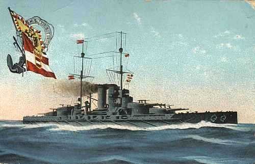 Cartolina d'epoca raffigurante la Viribus Unitis, vanto della Kriegsmarine