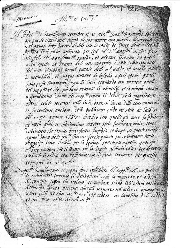 Miniera Valvassera - Documento risalente al 1500