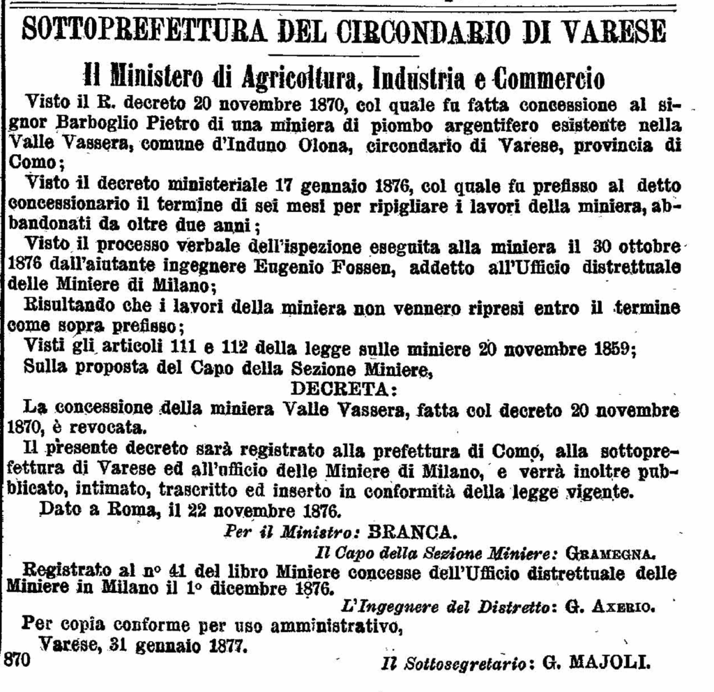 Miniera Valvassera - Revoca concessione, 1877