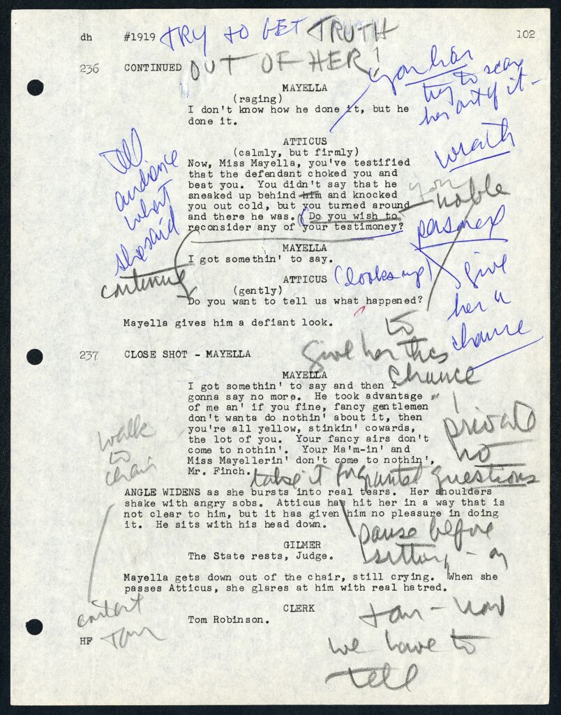 Page from the script for To Kill a Mockingbird (1962) annotated by Gregory Peck from the Gregory Peck Papers - Courtesy of the Margaret Herrick Library