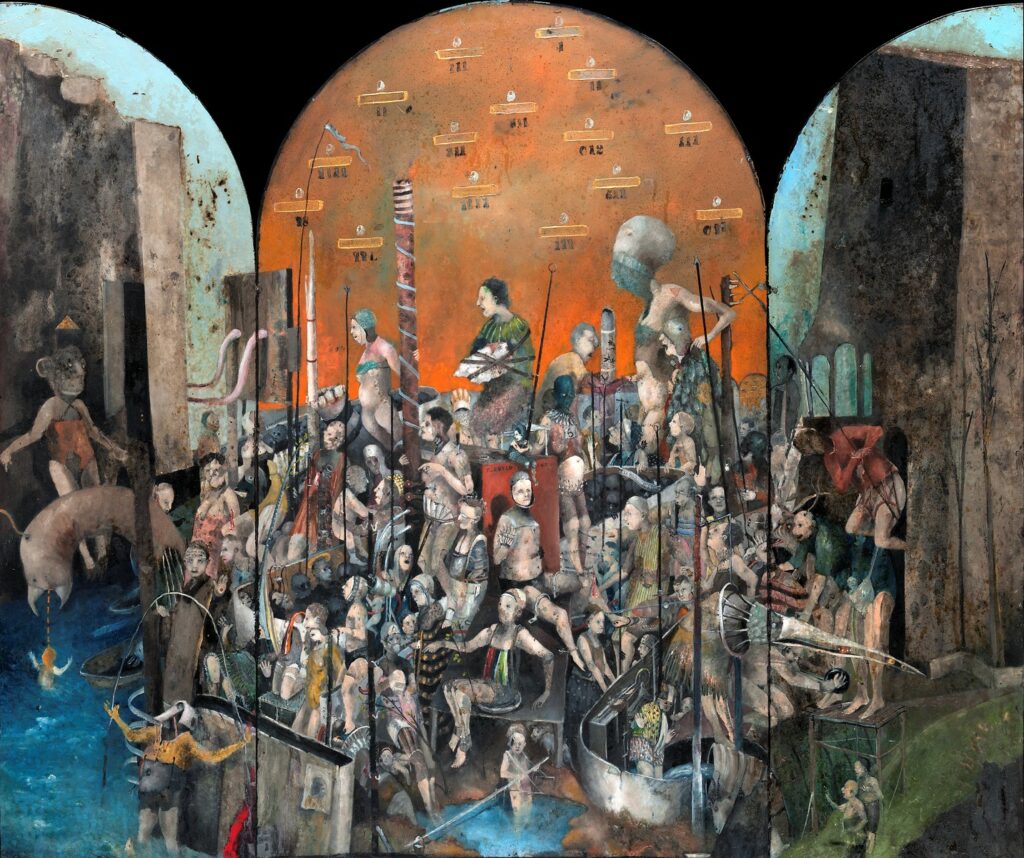 Sergio Padovani, La Cupa Gioia o pala dei peccatori, 2020, olio, bitume e resina su tavola a pala d'altare, cm 100x120
