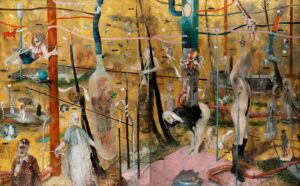 Sergio Padovani, Scene misteriose per palazzi tenebrosi, 2020, olio, bitume e resina su tela, cm 250x400 (2 pannelli)