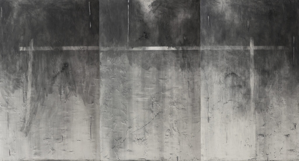 Tempio del Sole, 1989 - polvere di grafite + metallo su tavola, trittico, 225x414 cm