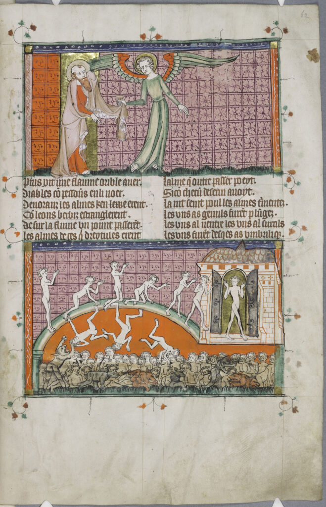 In alto: l’arcangelo Michele sprona S. Paolo a proseguire. In basso: il ponte del giudizio. CCCC MS 20, f. 62r 