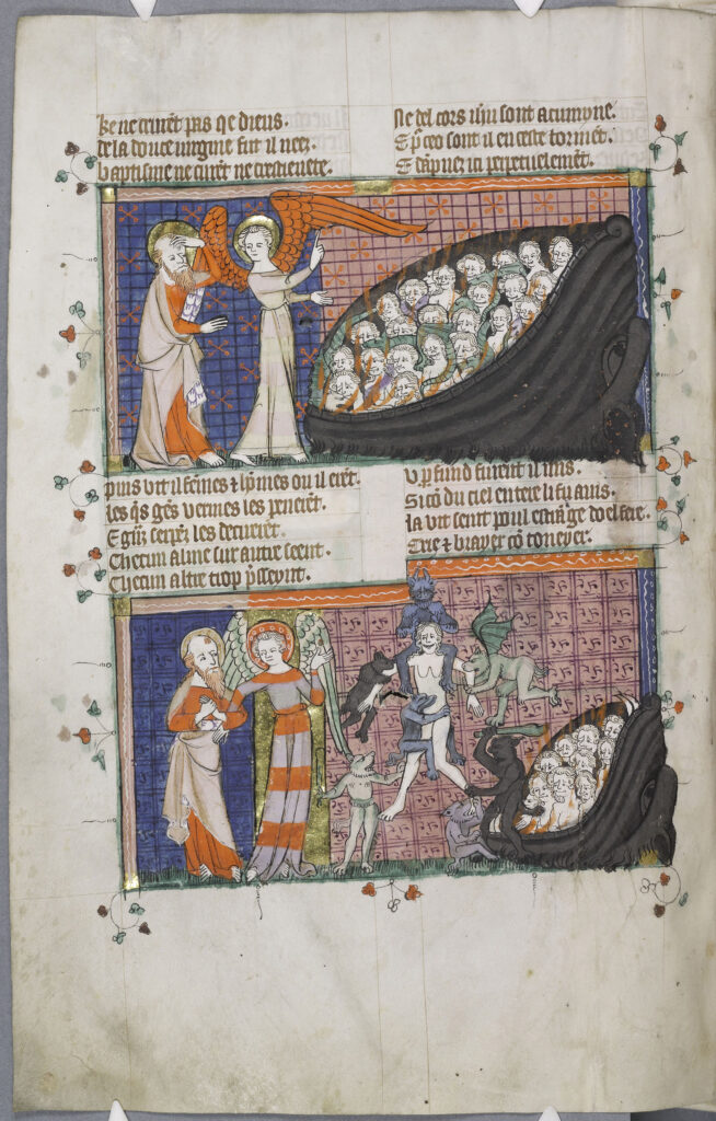 In alto: dannati tra le fiamme divorati da vermi e serpenti. In basso: dannata tormentata da sette demoni. CCCC MS 20, f. 64v 